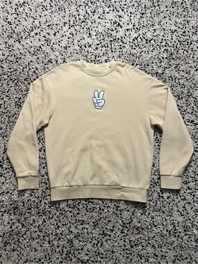 Disney Mickey Mouse Peace Sign Beige Tan Pullover Sweatshirt Crewneck Medium
